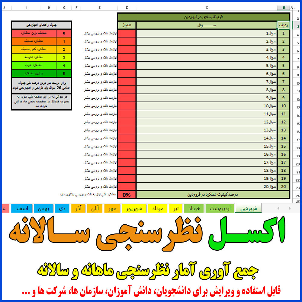 فایل اکسل نظرسنجی کارکنان یا سازمان 20 سوالی